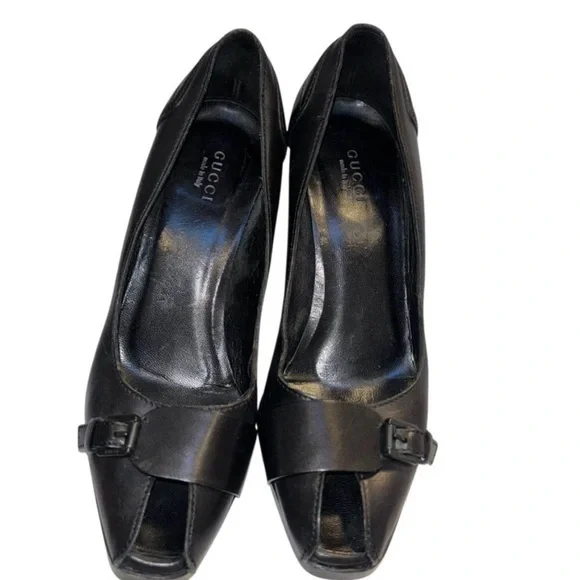 Vintage Gucci Black Leather Peep-Toe Buckle Pumps - Picture 2 of 10